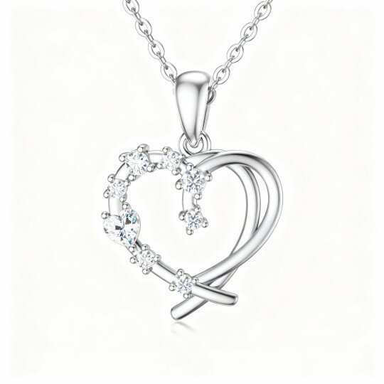 10K White Gold Cubic Zirconia Heart With Heart Pendant Necklace