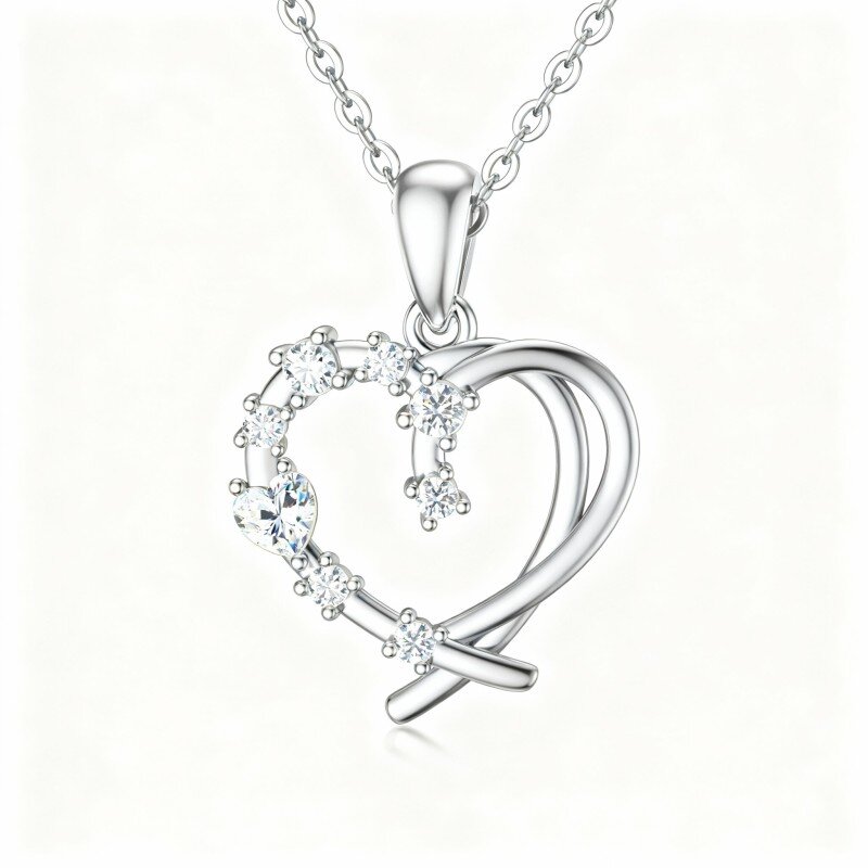 Colar com pendente coração em ouro branco 10K e zircónias cúbicas-13
