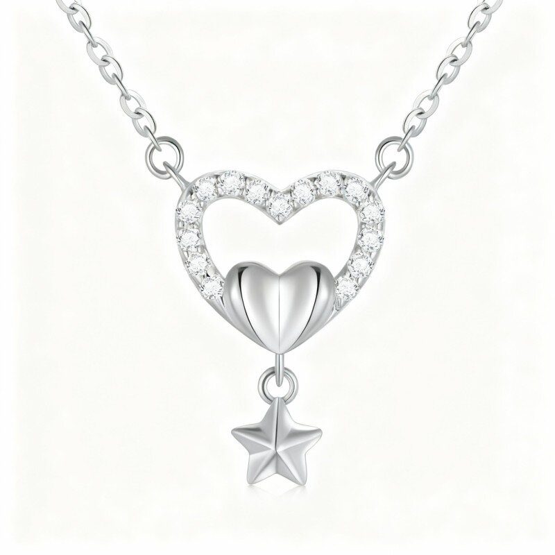 Colar com pendente coração em ouro branco 10K e zircónias cúbicas-8