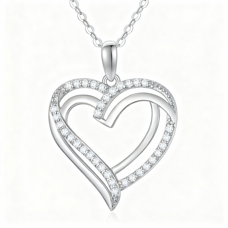 10K White Gold Cubic Zirconia Heart Pendant Necklace-1