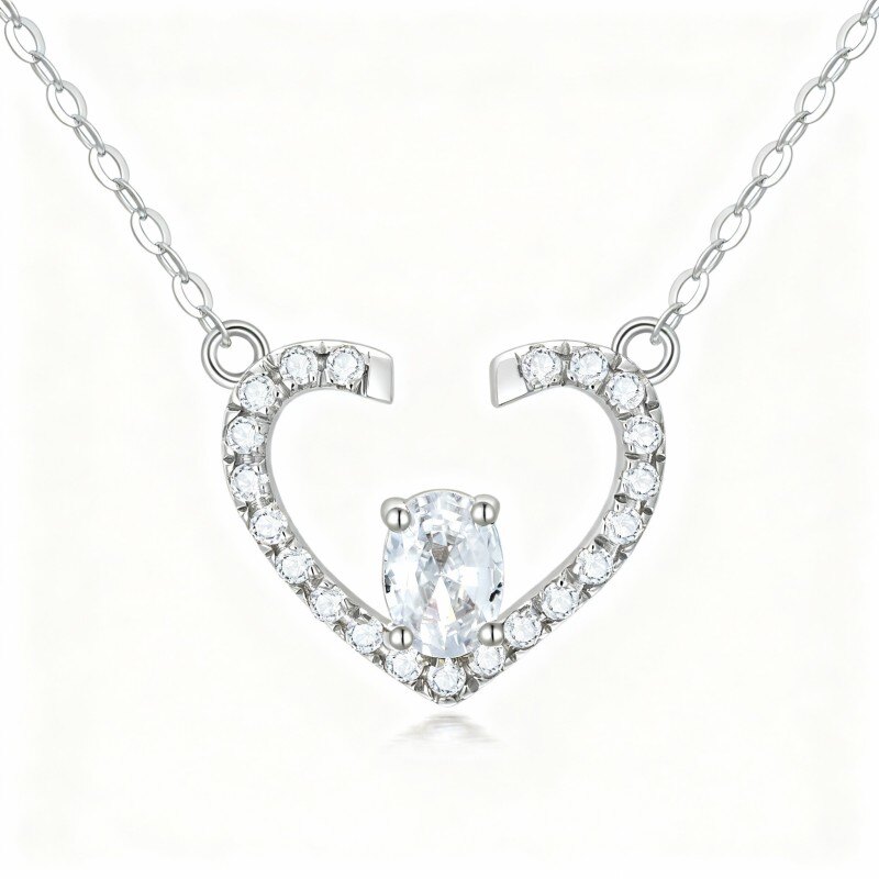 14K White Gold Cubic Zirconia Heart Pendant Necklace-1