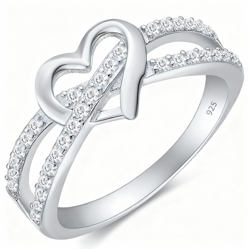 Anillo de corazón de oro blanco de 10 quilates con circonita cúbica-12