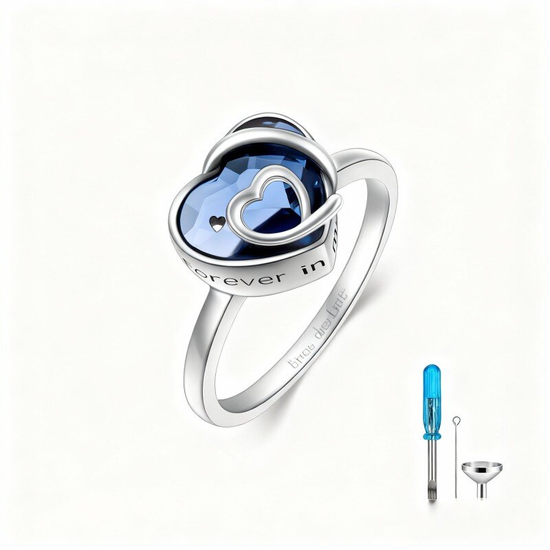 9K White Gold Heart Shaped Crystal Heart Ring with Engraved Word-18