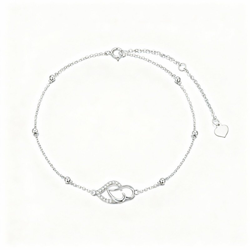 10K White Gold Cubic Zirconia Heart With Heart Single Layer Charm Anklet-8