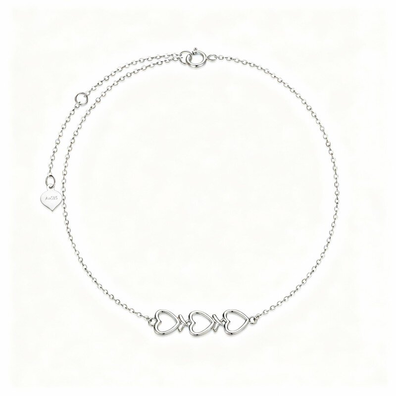 10K White Gold Heart With Heart Single Layer Charm Anklet-1