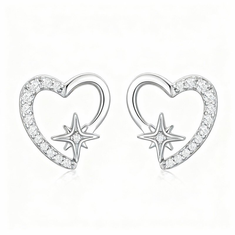 10K White Gold Cubic Zirconia Heart & Star Stud Earrings-17