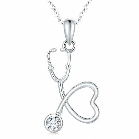قلادة على شكل قلب وسماعة طبية من الذهب الأبيض عيار 10 قيراط مرصعة بالزركونيا المكعبة