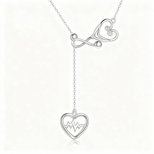 10K White Gold Cubic Zirconia Heart & Stethoscope Pendant Necklace