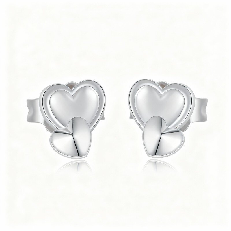 10K White Gold Heart With Heart Stud Earrings-3