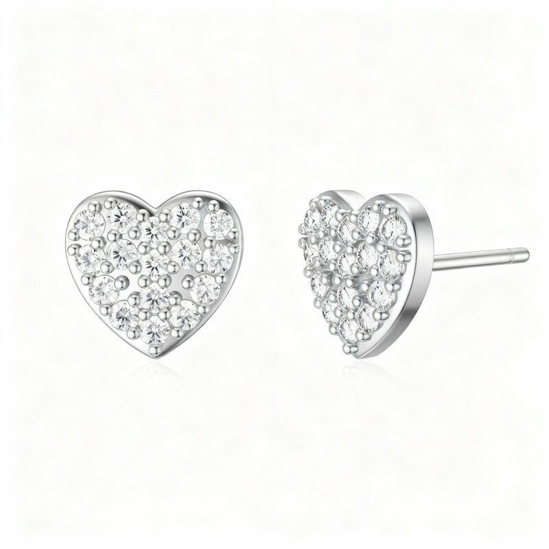 10K White Gold Cubic Zirconia Heart Stud Earrings-12