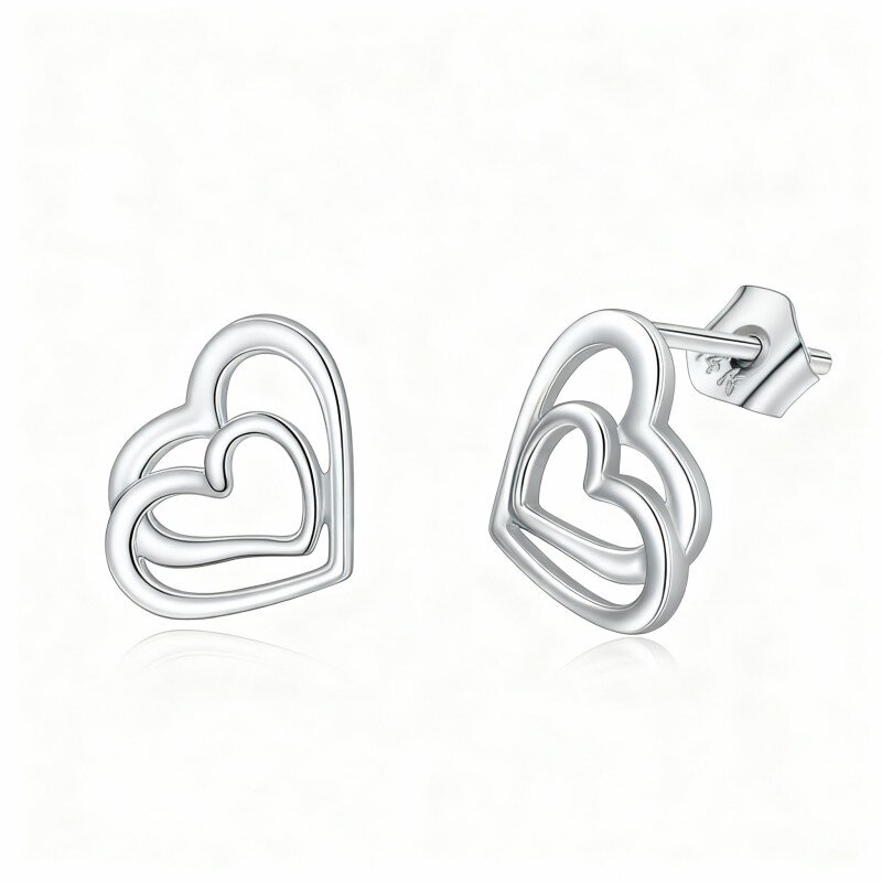 10K White Gold Heart With Heart Stud Earrings-2