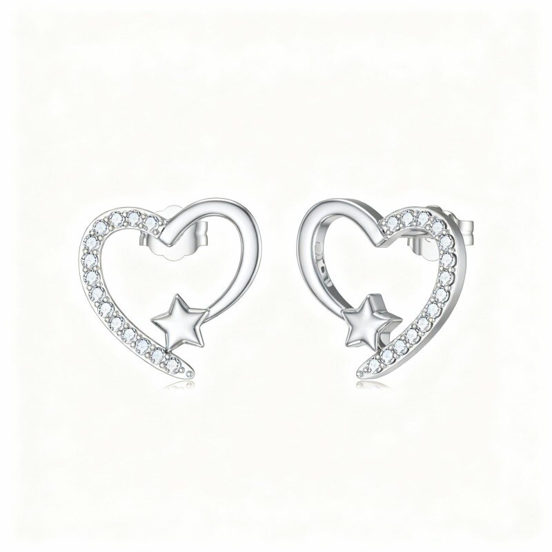 10K White Gold Cubic Zirconia Heart Stud Earrings-8