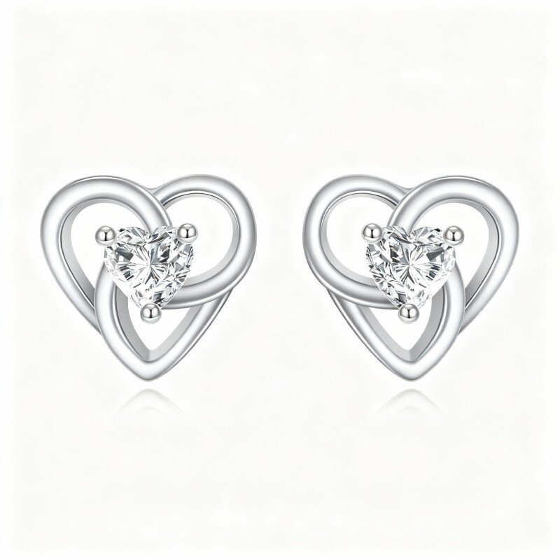 10K White Gold Cubic Zirconia Heart Stud Earrings-8