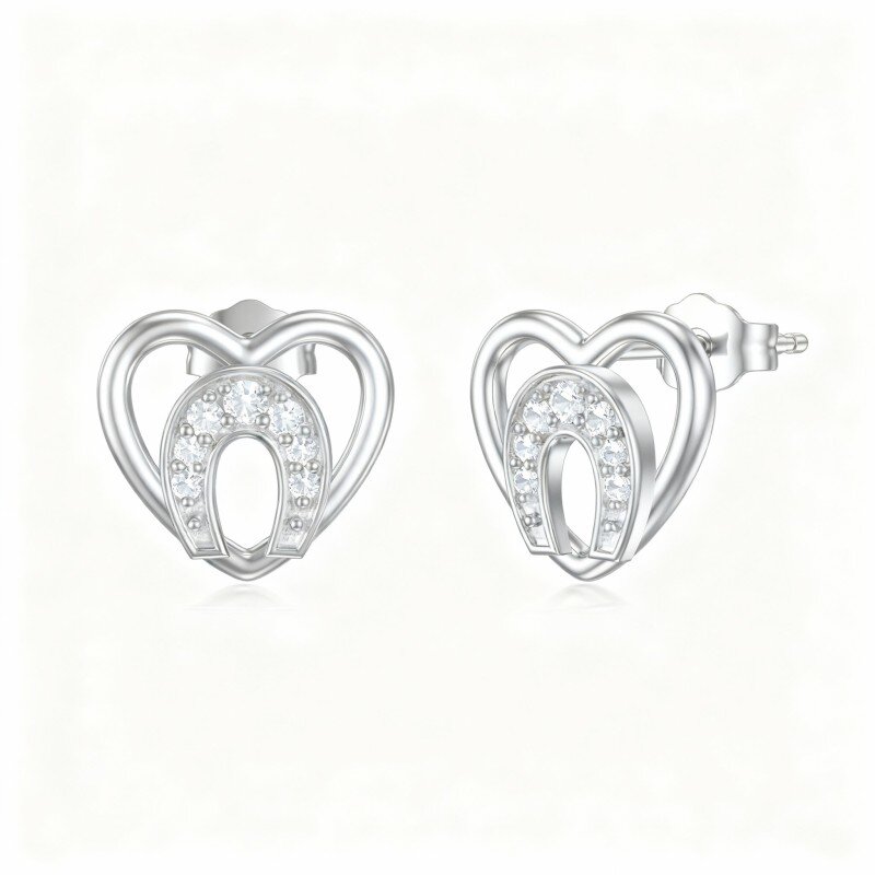 10K White Gold Cubic Zirconia Heart Stud Earrings-4