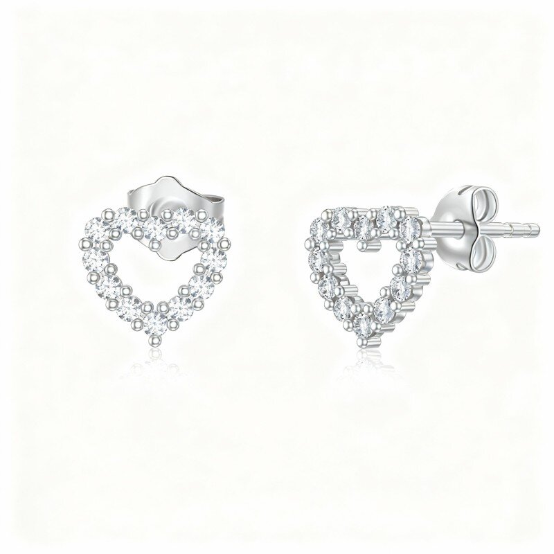 10K White Gold Cubic Zirconia Heart Stud Earrings-3