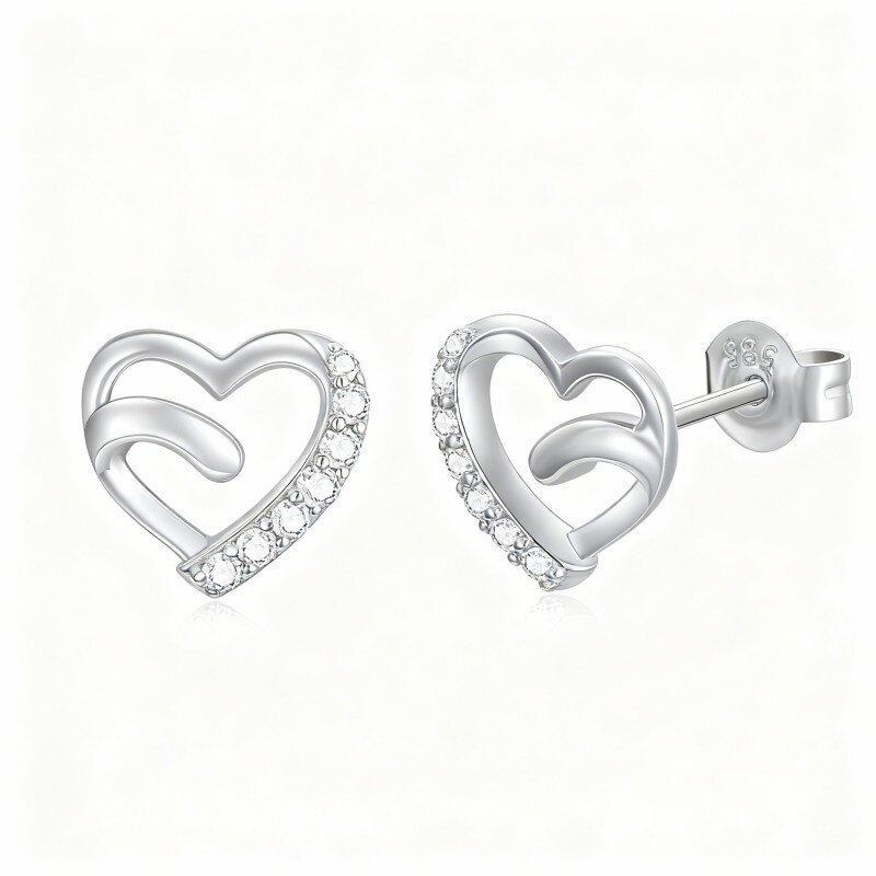 10K White Gold Cubic Zirconia Heart Stud Earrings-3