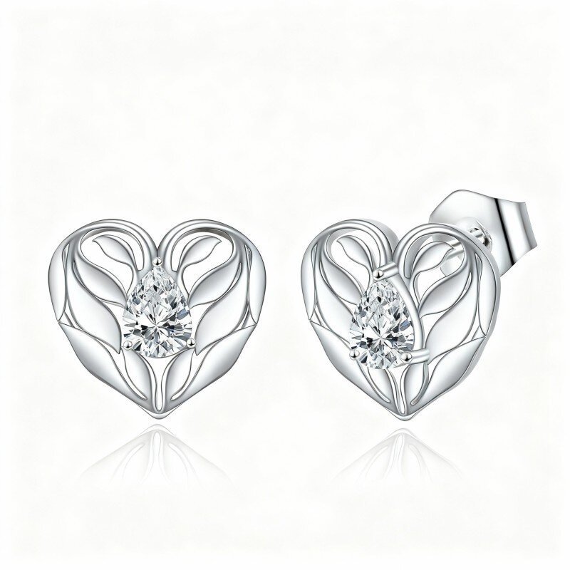 10K White Gold Cubic Zirconia Heart Stud Earrings-5