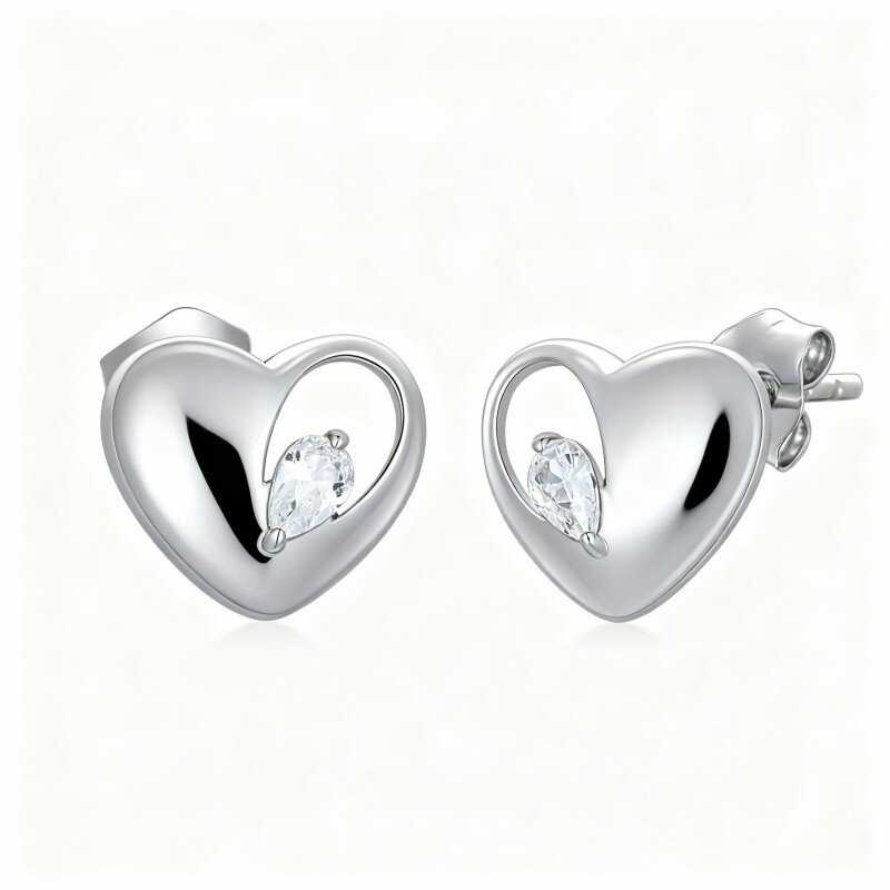 10K White Gold Cubic Zirconia Heart Stud Earrings-1