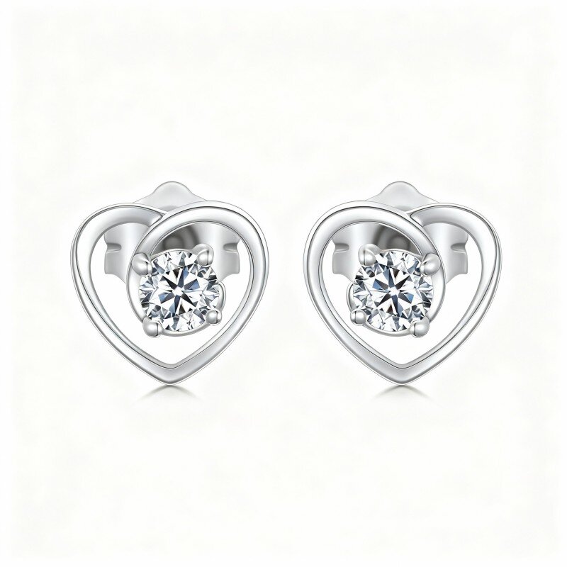 10K White Gold Cubic Zirconia Heart Stud Earrings-7