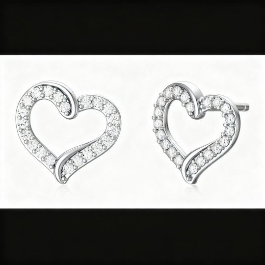 10K White Gold Cubic Zirconia Heart Stud Earrings