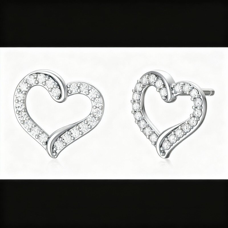 10K White Gold Cubic Zirconia Heart Stud Earrings-2