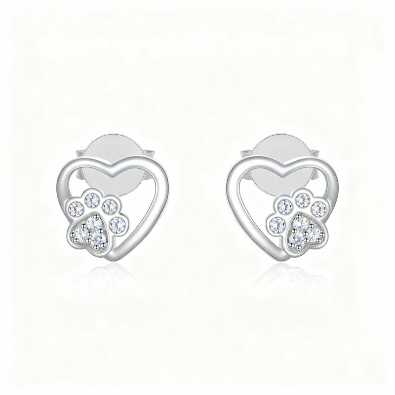 10K White Gold Cubic Zirconia Heart Stud Earrings-1
