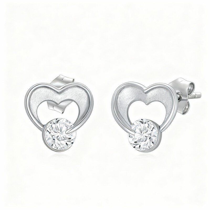 10K White Gold Cubic Zirconia Heart Stud Earrings-6