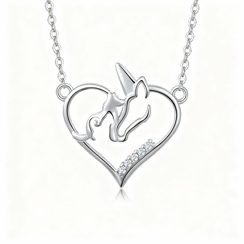 10K White Gold Cubic Zirconia Heart & Unicorn Pendant Necklace-11