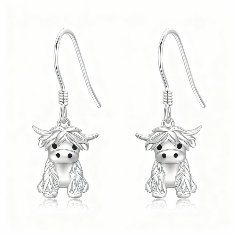 10K White Gold Highland Cow Drop Earrings-5