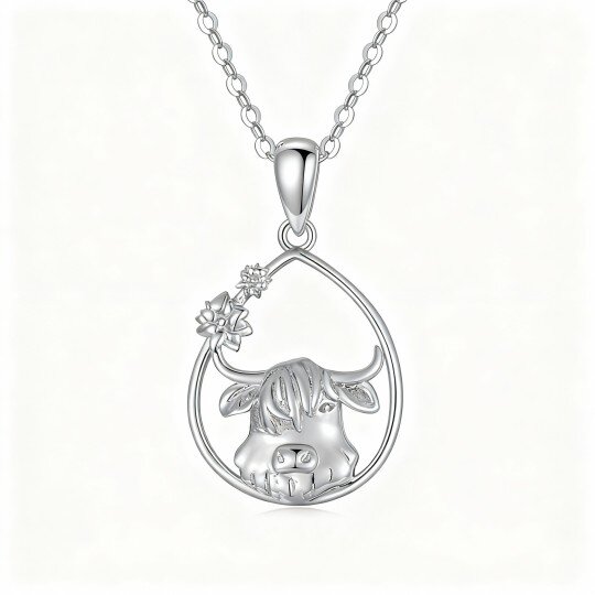 10K White Gold Highland Cow & Drop Shape Pendant Necklace