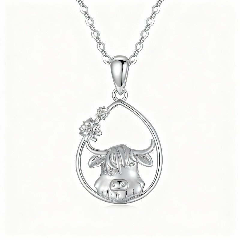 10K White Gold Highland Cow & Drop Shape Pendant Necklace-1