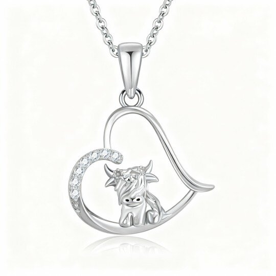 10K White Gold Cubic Zirconia Highland Cow & Heart Pendant Necklace