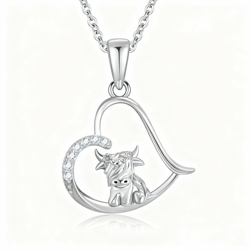 10K White Gold Cubic Zirconia Highland Cow & Heart Pendant Necklace-1