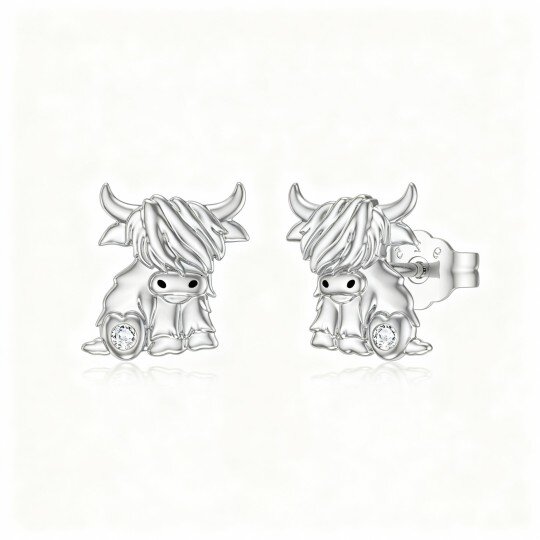 10K White Gold Cubic Zirconia Highland Cow & Heart Stud Earrings