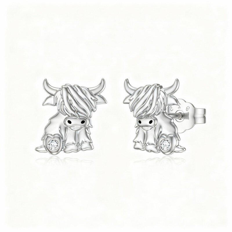 10K White Gold Cubic Zirconia Highland Cow & Heart Stud Earrings-6