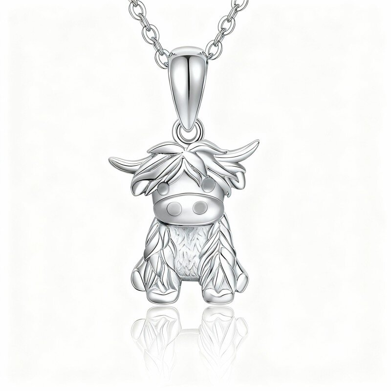 10K White Gold Highland Cow Pendant Necklace-18