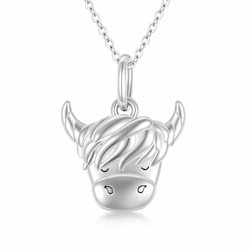10K White Gold Highland Cow Pendant Necklace-1