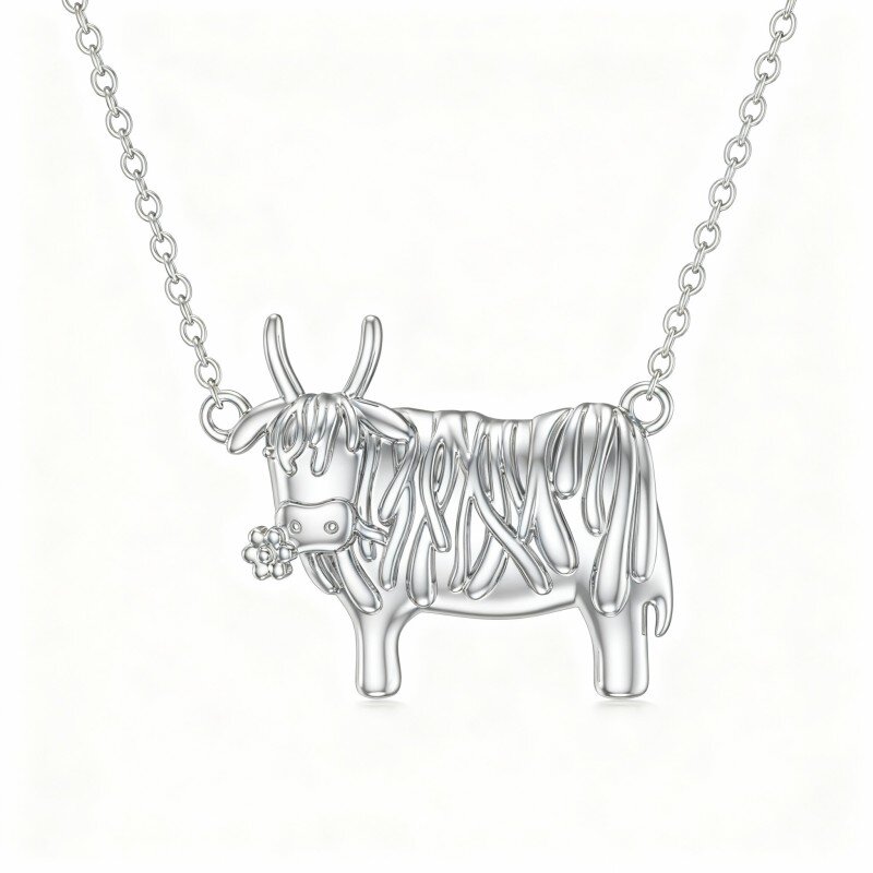 10K White Gold Highland Cow Pendant Necklace-1