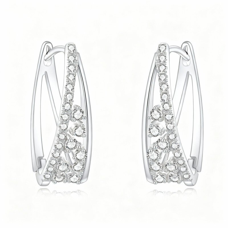 10K White Gold Cubic Zirconia Hoop Earrings-7