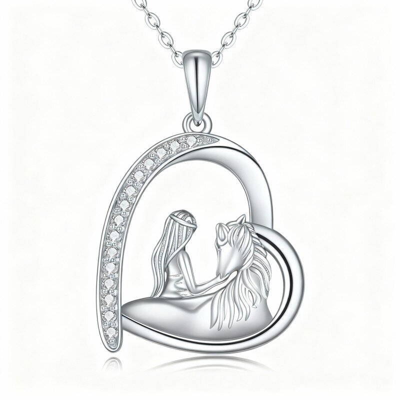 Colar com pendente de cavalo e coração em ouro branco 10K com zircónias cúbicas-20
