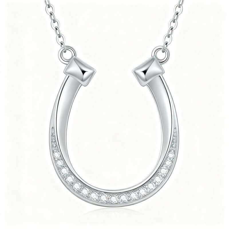 10K White Gold Cubic Zirconia Horseshoe Pendant Necklace-7
