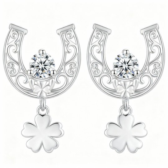 Brincos ferradura em ouro branco 10K com zircónias cúbicas