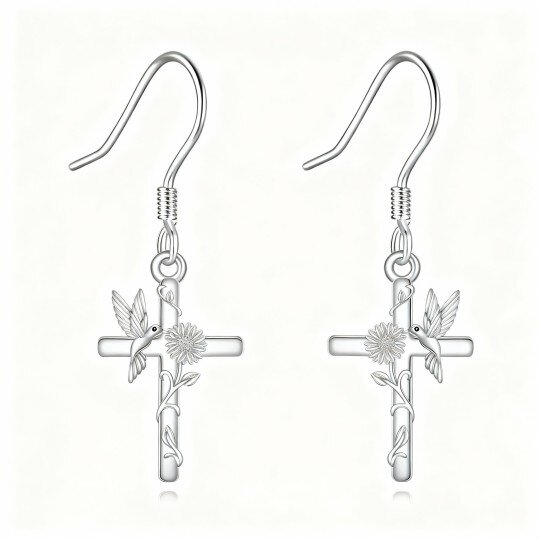 Brincos em ouro branco 18K com pendente de colibri e cruz