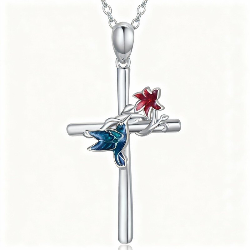 10K White Gold Hummingbird & Cross Pendant Necklace-13