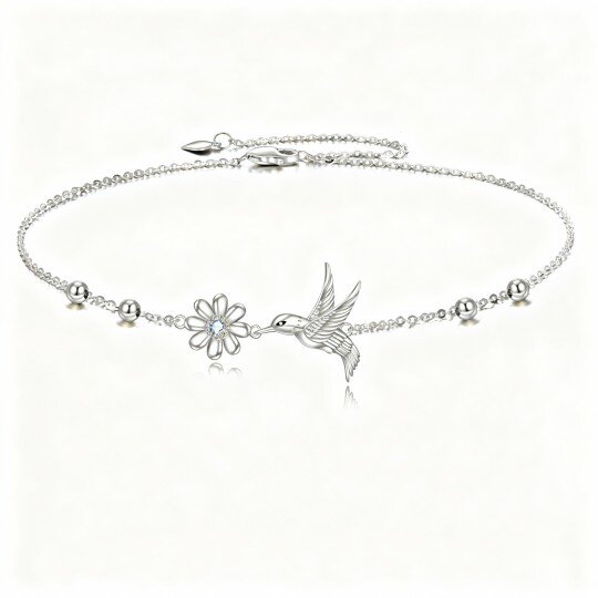 9K White Gold Cubic Zirconia Hummingbird & Daisy & Bead Charm Bracelet