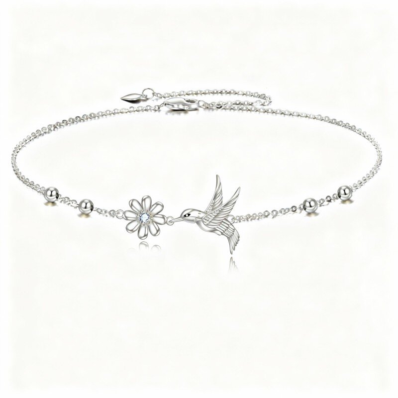 Pulsera de oro blanco de 9 quilates con circonitas cúbicas, colibrí, margarita y cuentas.-1