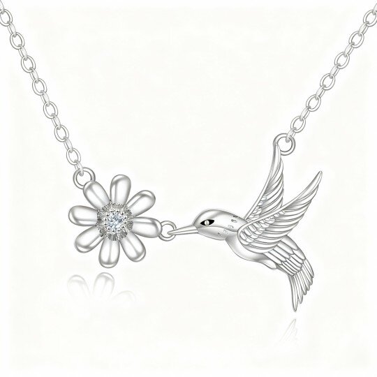 10K White Gold Cubic Zirconia Hummingbird & Daisy Pendant Necklace