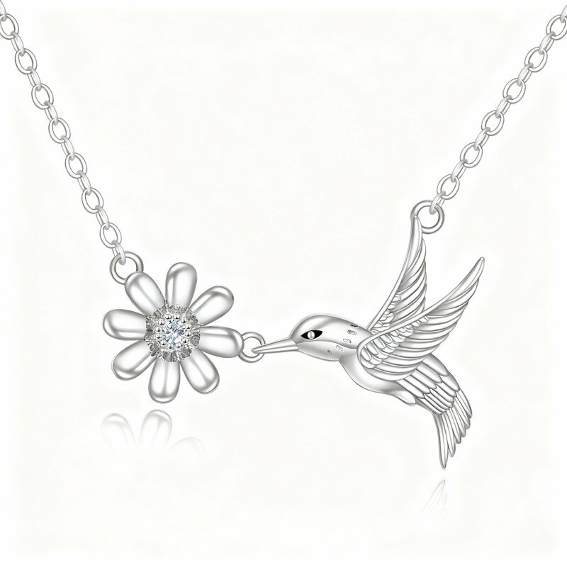 Collana con ciondolo a forma di colibrì e margherita in oro bianco 10 carati con zirconi cubici-16