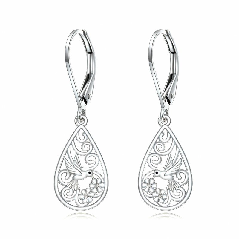 10K White Gold Hummingbird & Drop Shape Drop Earrings-3