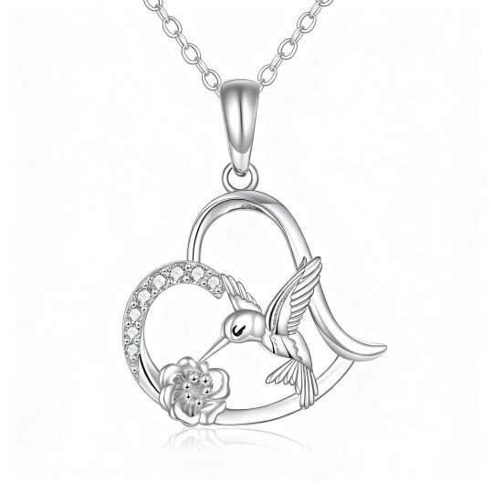 10K White Gold Cubic Zirconia Hummingbird & Heart Pendant Necklace